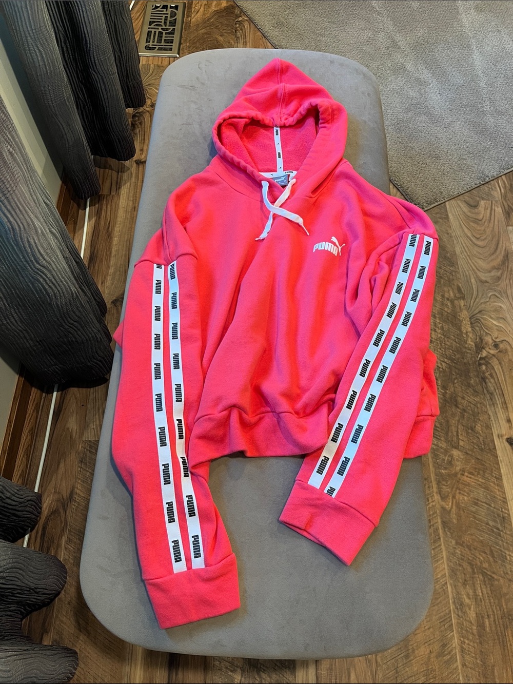 Puma Bright Coral Pink Amplified Hoodie with White Tape Trim